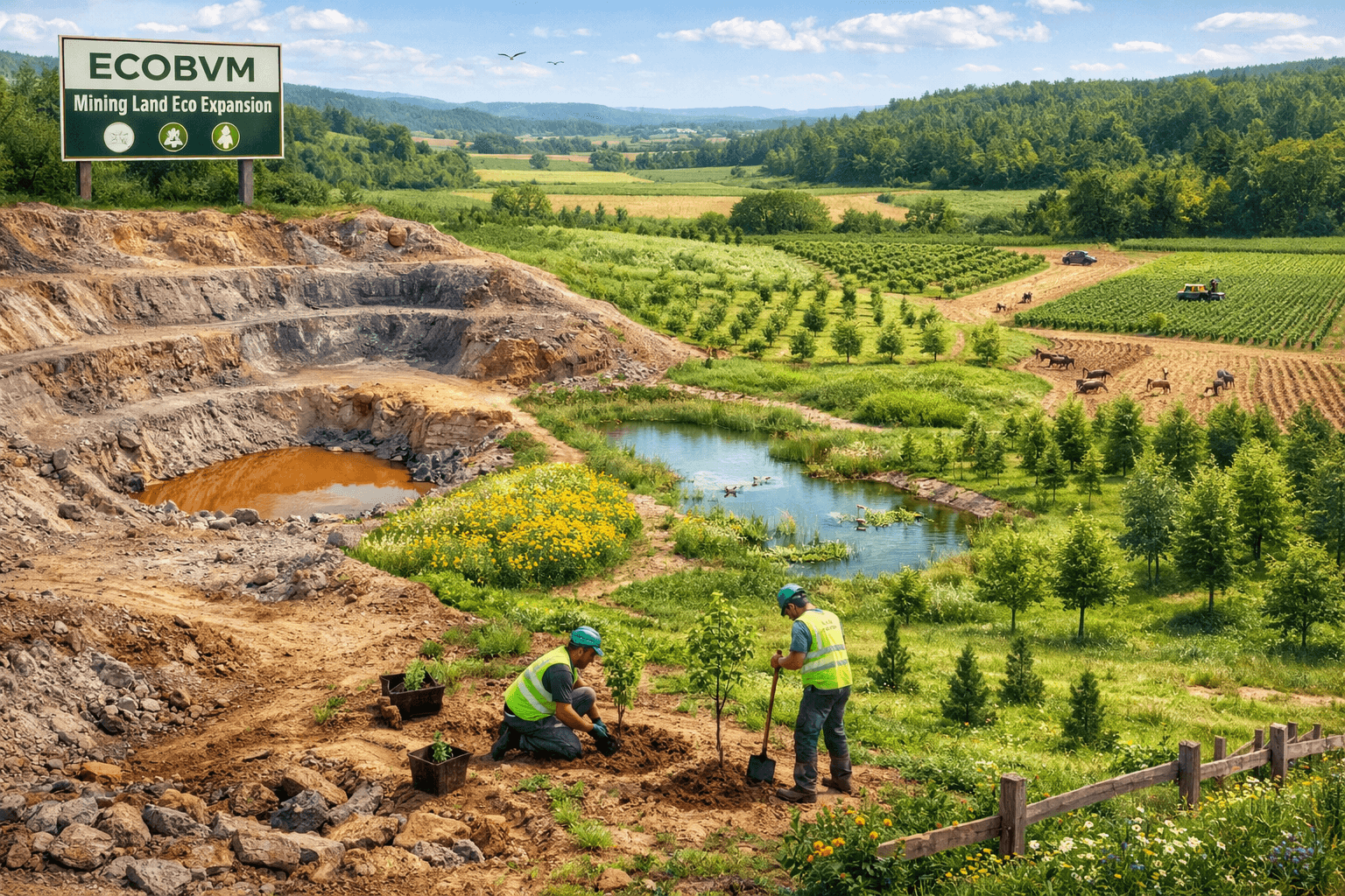 Rehabilitated post-mining landscape with bio-based green cover