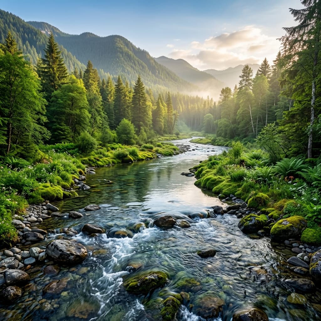 Lush green landscape representing a microplastics-free world
